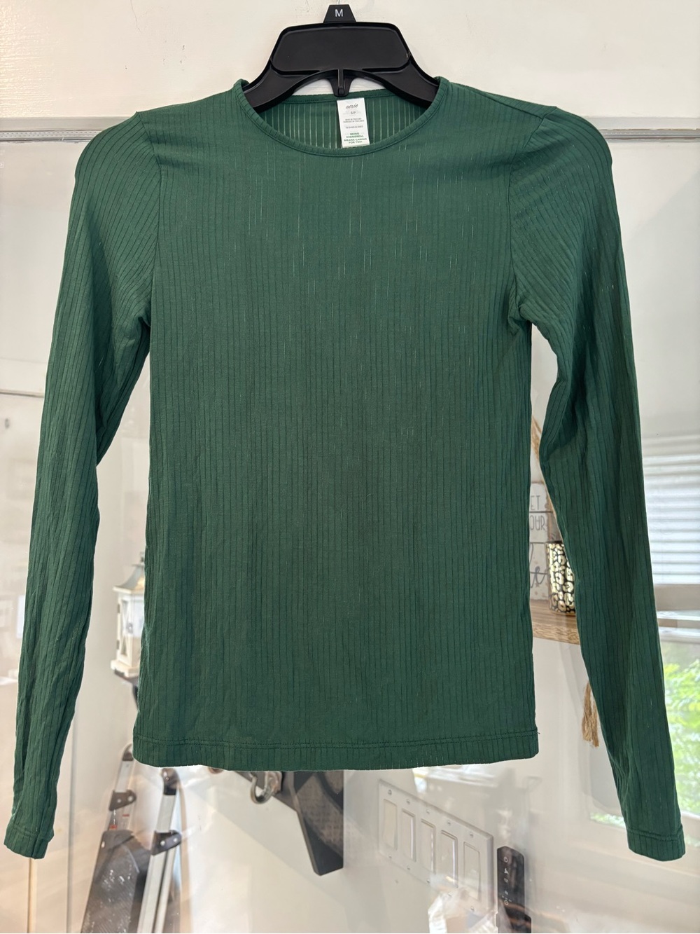 aerie Forest Green Ribbed Long Sleeve Crewneck Top